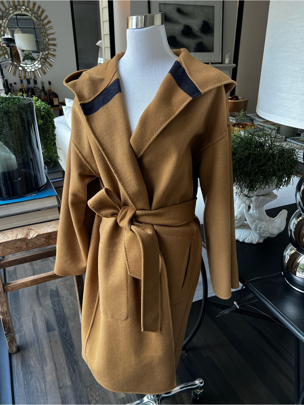 La Ligne Camel and Dark Navy  Striped Hooded Belted Wrap Coat Reversible  size S - Picture 10 of 11